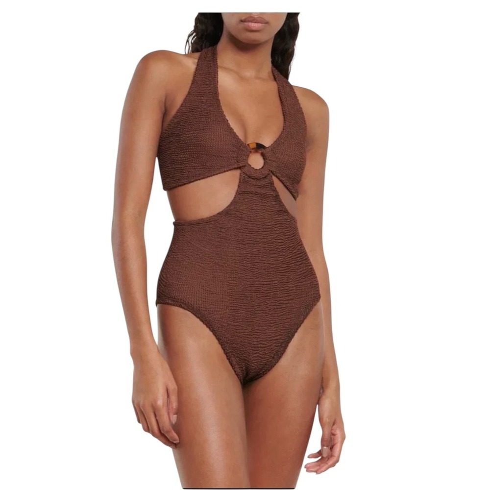 Hunza G Ursula Halter One Piece Swimsuit Brown Crinkle Cutout Monokini One Size